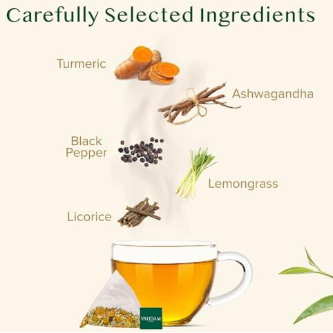 VAHDAM, Turmeric Ashwagandha Herbal Tea Bags (50 Count) 100% Pure Herbal Blend - Turmeric, Ashwagandha, Lemongrass, Black Pepper & Licorice | Resealable Ziplock Pouch