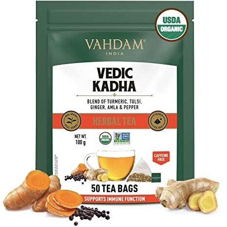VAHDAM, Vedic Kadha Herbal Tea Bags (50 Count) Caffeine Free, Non-GMO, Gluten-Free | 100% Pure Herbal Tisane - Earthy & Savory | Whole Loose-Leaf Tea Bags | Resealable Ziplock Pouch