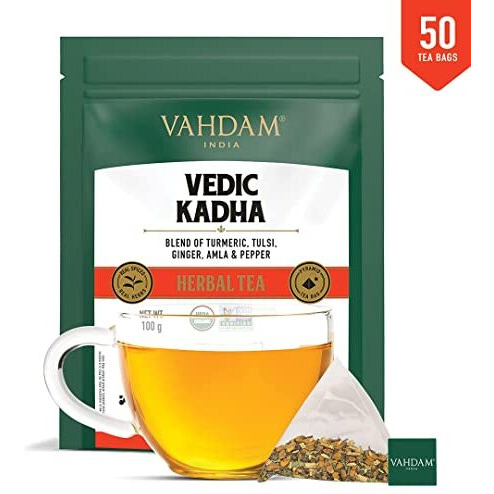 VAHDAM, Vedic Kadha Herbal Tea Bags (50 Count) Caffeine Free, Non-GMO, Gluten-Free | 100% Pure Herbal Tisane - Earthy & Savory | Whole Loose-Leaf Tea Bags | Resealable Ziplock Pouch