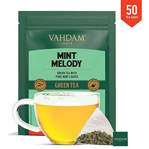 VAHDAM, Mint Green Tea Bags (50 Count) Low Caffeine, Non-GMO, Gluten-Free, Naturally High Grown | Whole Loose Leaf Tea Bags | Resealable Ziplock Pouch
