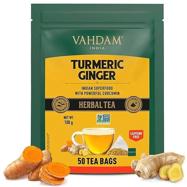 VAHDAM, Turmeric Ginger Tea Bags (50 Herbal Tea Bags) Caffeine Free, Non GMO, Gluten Free | 100% Pure Turmeric Tea with Ginger - Savory & Spicy | Plant based Pyramid Tea Bags | Direct from Source