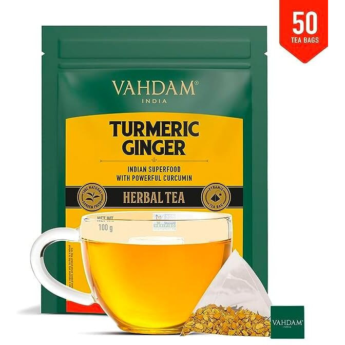 VAHDAM, Turmeric Ginger Tea Bags (50 Herbal Tea Bags) Caffeine Free, Non GMO, Gluten Free | 100% Pure Turmeric Tea with Ginger - Savory & Spicy | Plant based Pyramid Tea Bags | Direct from Source