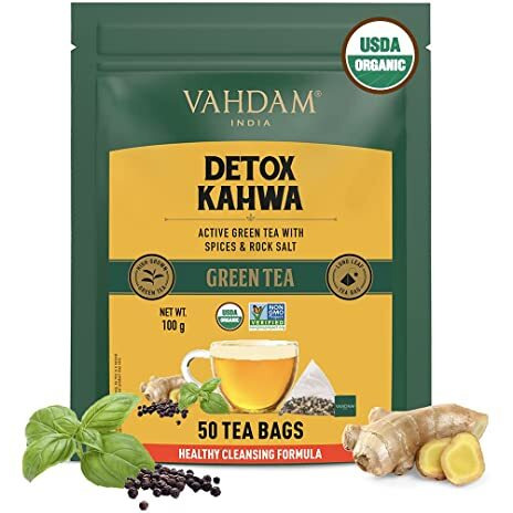 VAHDAM, Kahwa Green Tea Bags (50 Count) High Grown Green Tea, Ginger, Tulsi, Cloves & Cumin | 100% Pure Ingredients | Pyramid Green Tea Bags | Direct from Source