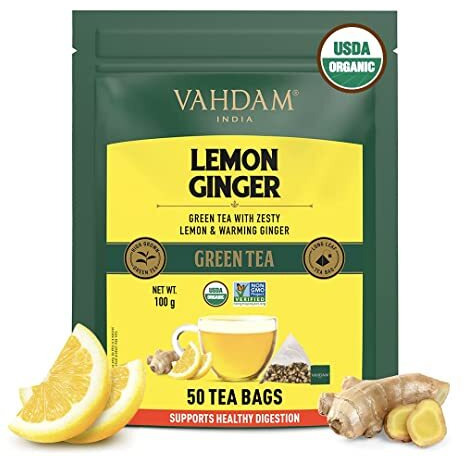 VAHDAM, Lemon Ginger Green Tea Bags (50 Count) Med Caffeine, Non GMO, Gluten Free | Fruity Flavor - Zesty Lemon & Orange Peel | Whole Loose Leaf Tea Bags | Resealable Ziplock Pouch