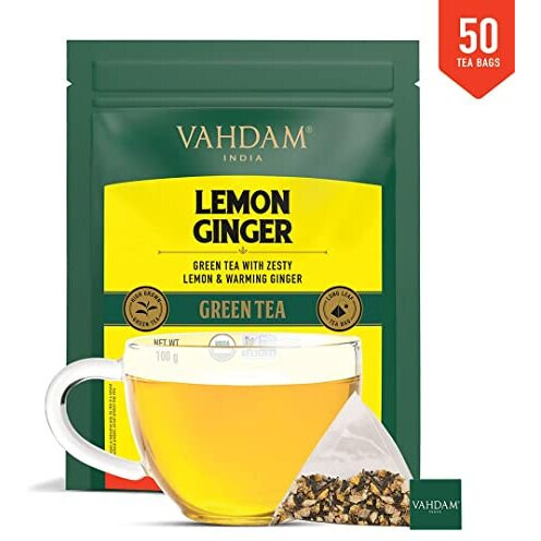 VAHDAM, Lemon Ginger Green Tea Bags (50 Count) Med Caffeine, Non GMO, Gluten Free | Fruity Flavor - Zesty Lemon & Orange Peel | Whole Loose Leaf Tea Bags | Resealable Ziplock Pouch