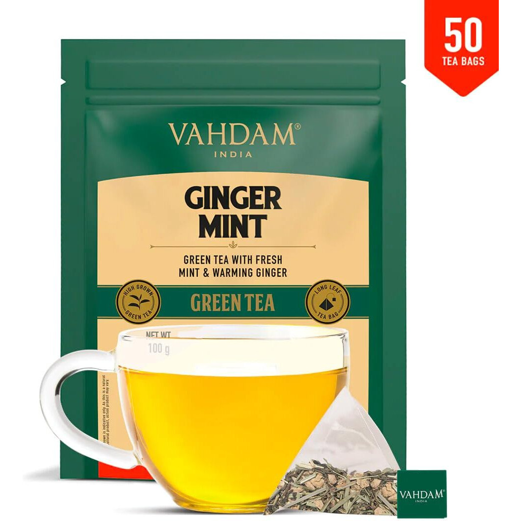 VAHDAM, Ginger Mint Green Tea Bags (50 Count) Med Caffeine, Non-GMO, Gluten-Free, Naturally High Grown Green Tea | Whole Loose Leaf Tea Bags | Resealable Ziplock Pouch