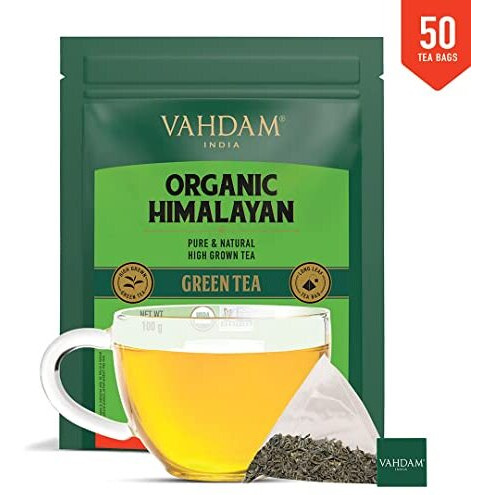 VAHDAM, Green Tea From Himalayas (50 Green Tea Bags) Non GMO, Gluten Free, Naturally High Grown | Whole Loose Leaf Tea Bags | Resealable Ziplock Pouch