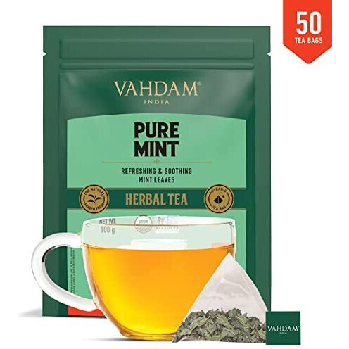 VAHDAM, Pure Mint Herbal Tea Bags (50 Count) Caffeine Free, Non-GMO, Gluten-Free | 100% Pure Herbal Tisane - Sweet & Minty | Whole Loose-Leaf Tea Bags | Resealable Ziplock Pouch