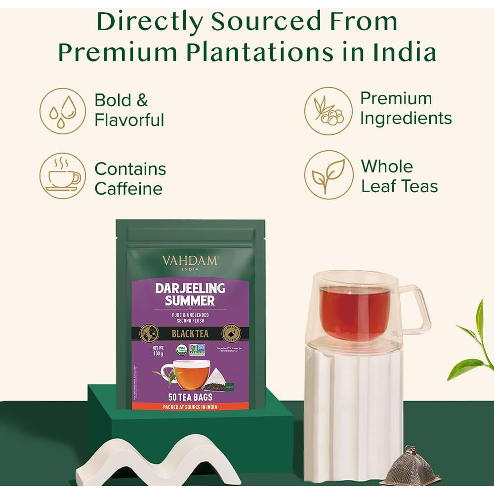 VAHDAM, Organic Darjeeling Black Tea Bags (50 Count) High Caffeine, Non-GMO, Gluten-Free | Strong, Robust & Flavoury | Unblended Second Flush Darjeeling Tea Bags | Resealable Ziplock Pouch