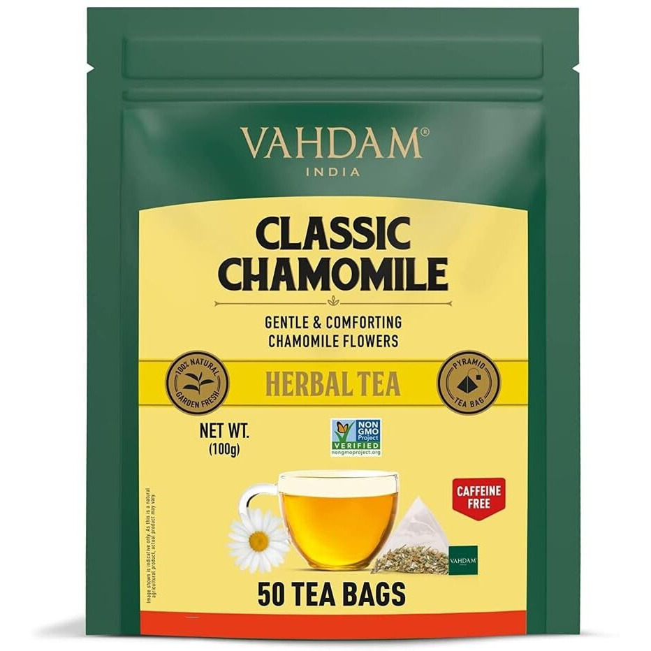 VAHDAM, Chamomile Herbal Tea Bags (50 Count) Caffeine Free, Non-GMO, Gluten-Free | 100% Pure Herbal Tisane - Sweet & Floral | Whole Loose-Leaf Tea Bags | Resealable Ziplock Pouch