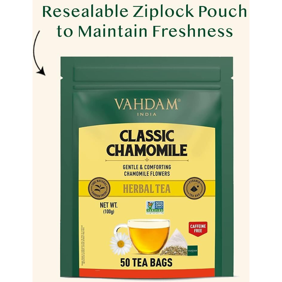 VAHDAM, Chamomile Herbal Tea Bags (50 Count) Caffeine Free, Non-GMO, Gluten-Free | 100% Pure Herbal Tisane - Sweet & Floral | Whole Loose-Leaf Tea Bags | Resealable Ziplock Pouch