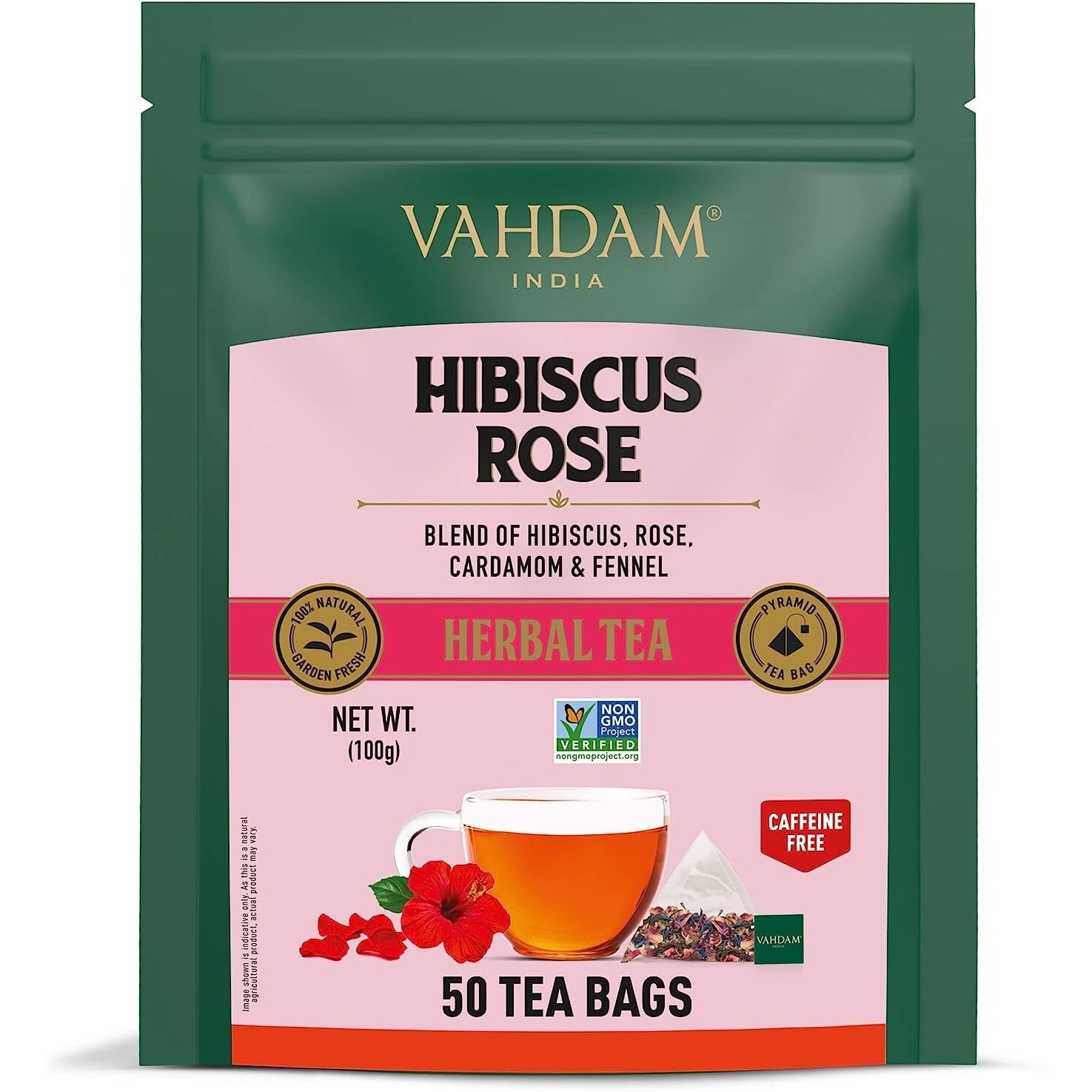 VAHDAM, Hibiscus Flowers Herbal Tea Bags (50 Count) Caffeine Free, Non-GMO, Gluten Free Hibiscus Tea | Floral Flavor Tisane - Hibiscus Rose Petals & Exotic Spices | Resealable Ziplock Pouch