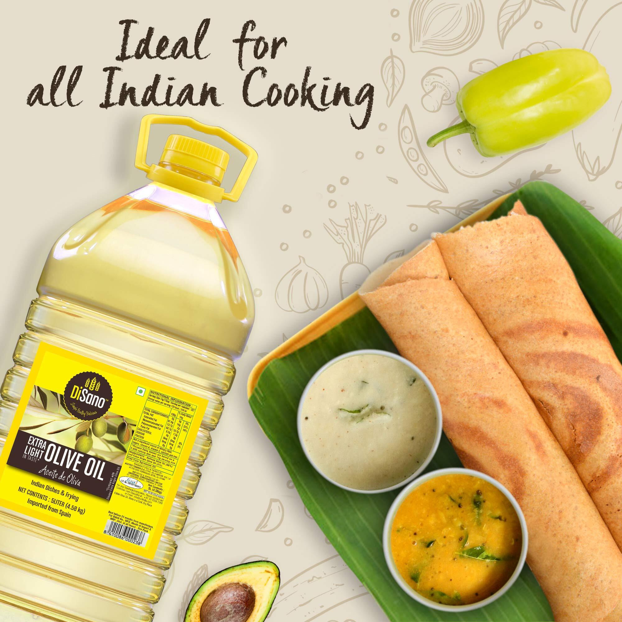 DiSano Extra Light Olive Oil, Ideal for Indian Dishes and Frying, 5