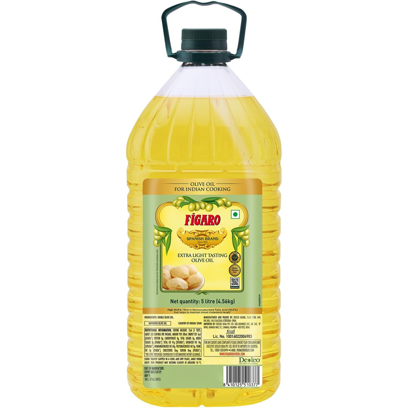 Figaro Extra Light Tasting Olive Oil- Ideal for All Indian Cooking- Suitable for Deep Frying- Imported from Spain- 5L