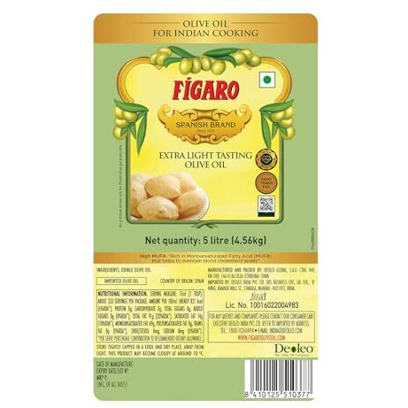 Figaro Extra Light Tasting Olive Oil- Ideal for All Indian Cooking- Suitable for Deep Frying- Imported from Spain- 5L
