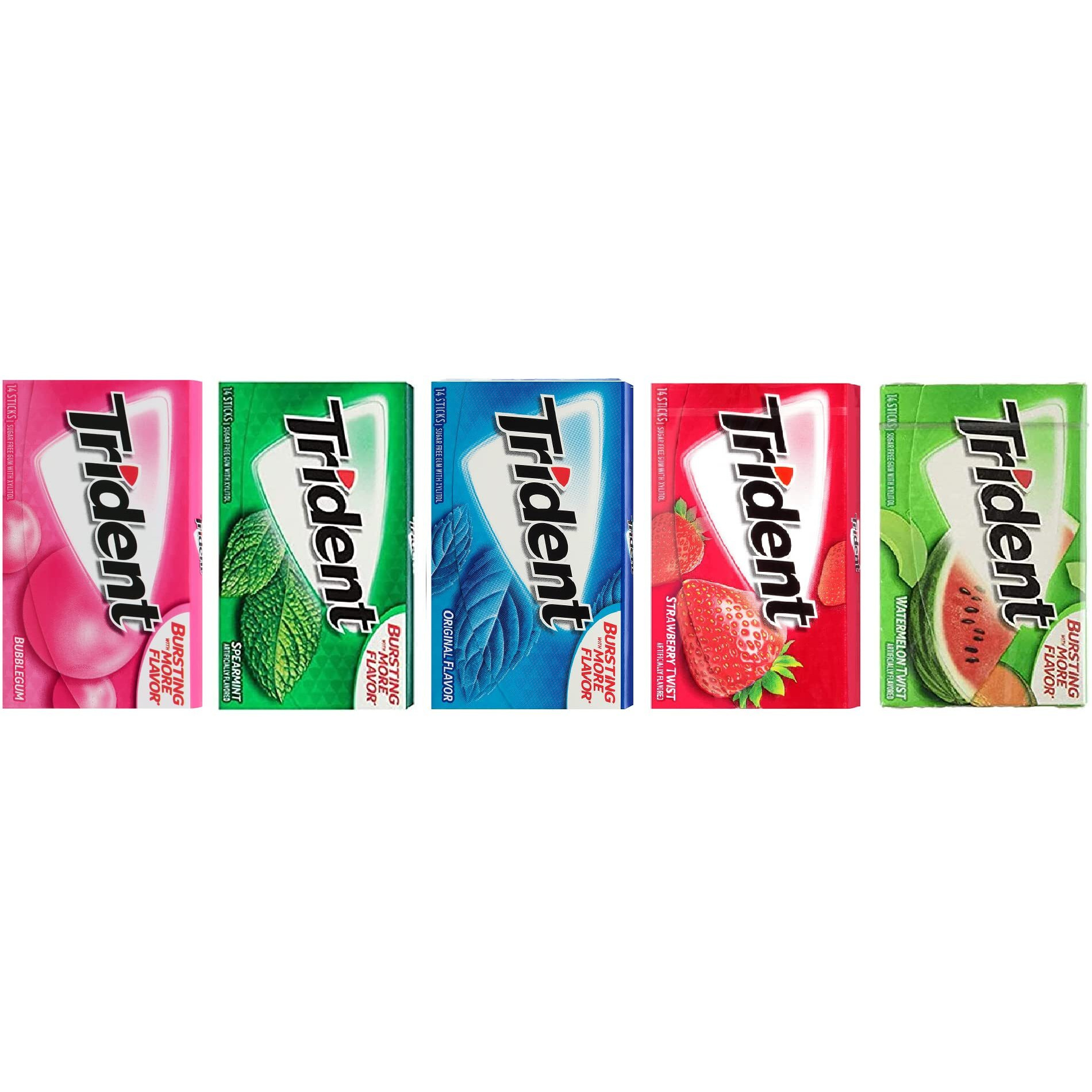 Trident Gum Sugar Free Gum Variety Pack, Bubblegum, Spermint, Original, Strawberry Twist, Watermelon Twis, Each Contain 14 Sticks Pack Of 5 (Collection Of Sugar Free Gum) (USA)