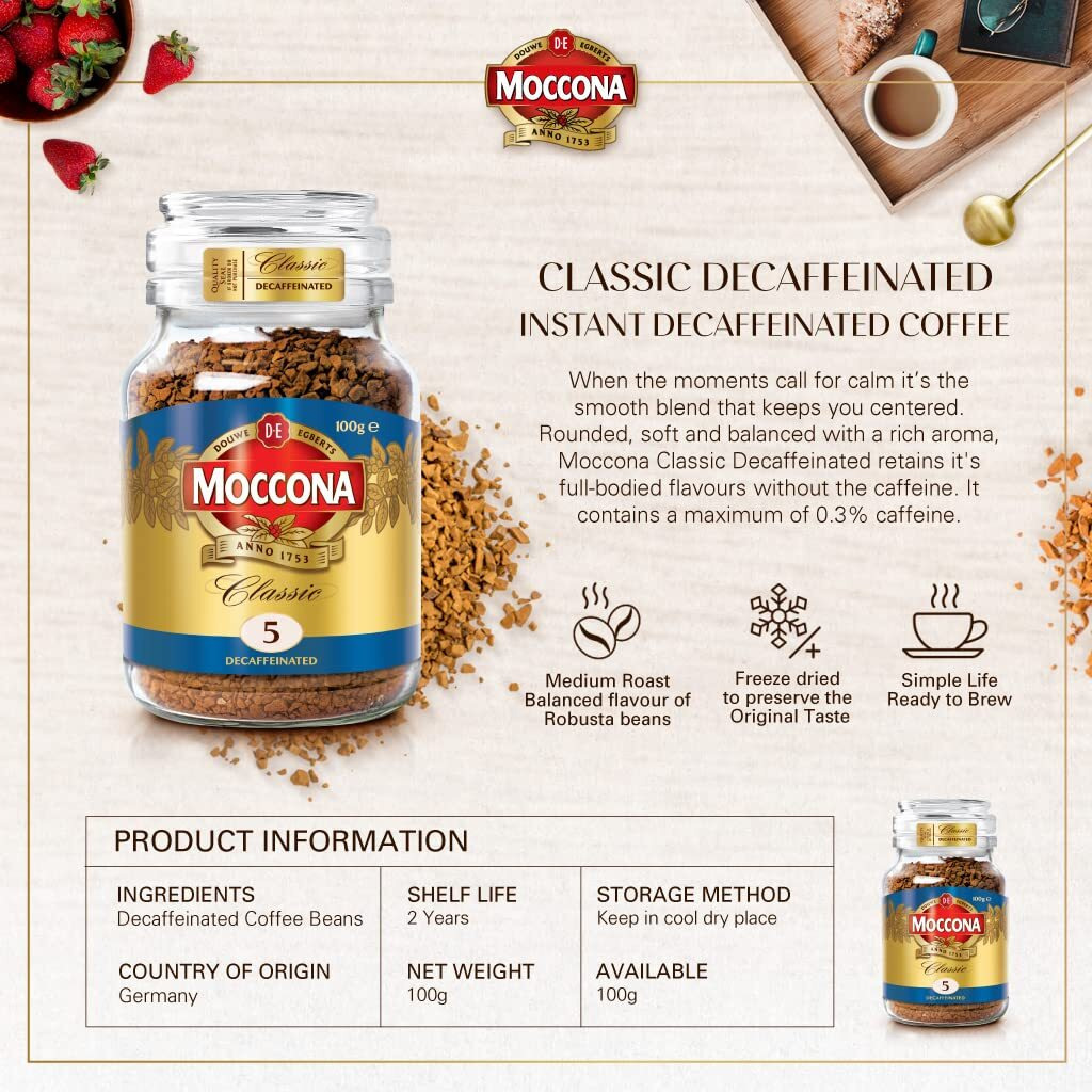 Moccona Premium Decaffinated Classic Coffee 100G, Glass Bottle, Granule