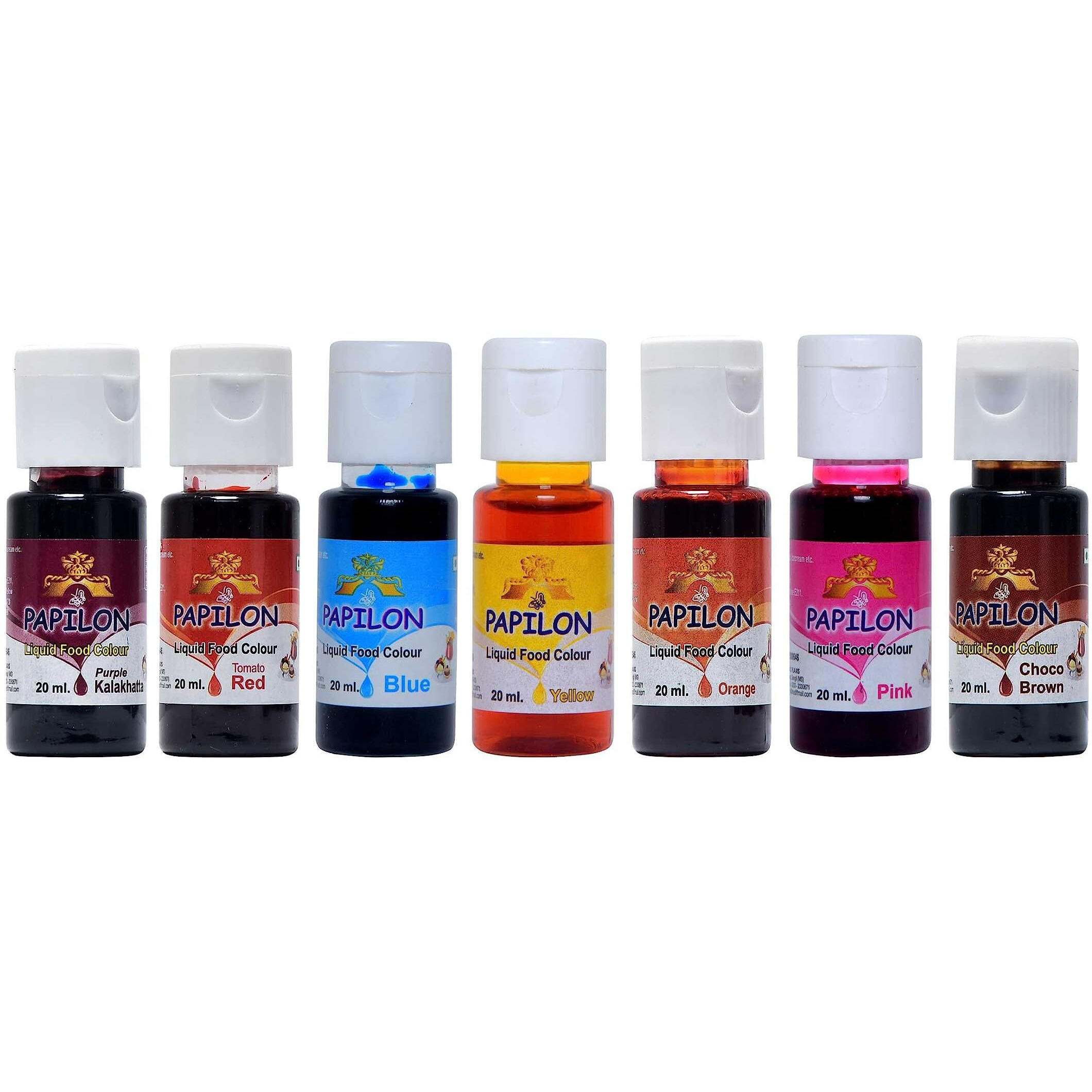 PAPILON FOOD FLAVOURS & COLOURS Shades Of Liquid Food Color (20 Ml X 7 Bottle)