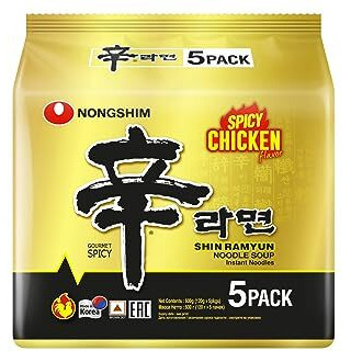 Nongshim Shin Ramyun Spicy Chicken Flavour Noodle Soup Instant Noodles Gourmet Spicy, 21.16 oz  600 g, 5 Pack