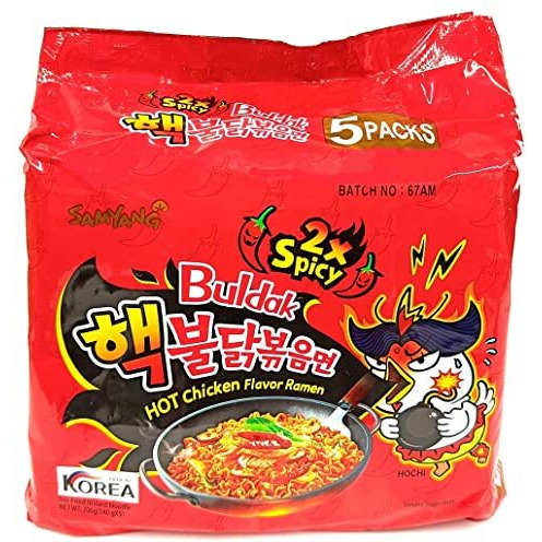 SAMYANG Ramen Korean 2X Hot Spicy Noodles, 140 Grams (Pack of 5)