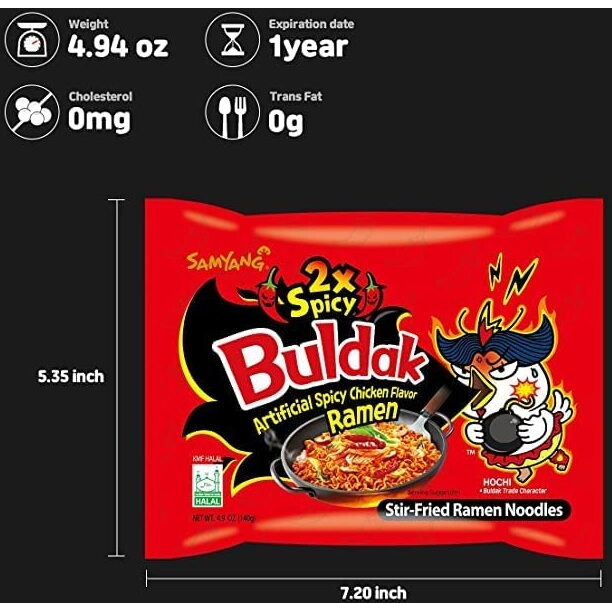 SAMYANG Ramen Korean 2X Hot Spicy Noodles, 140 Grams (Pack of 5)
