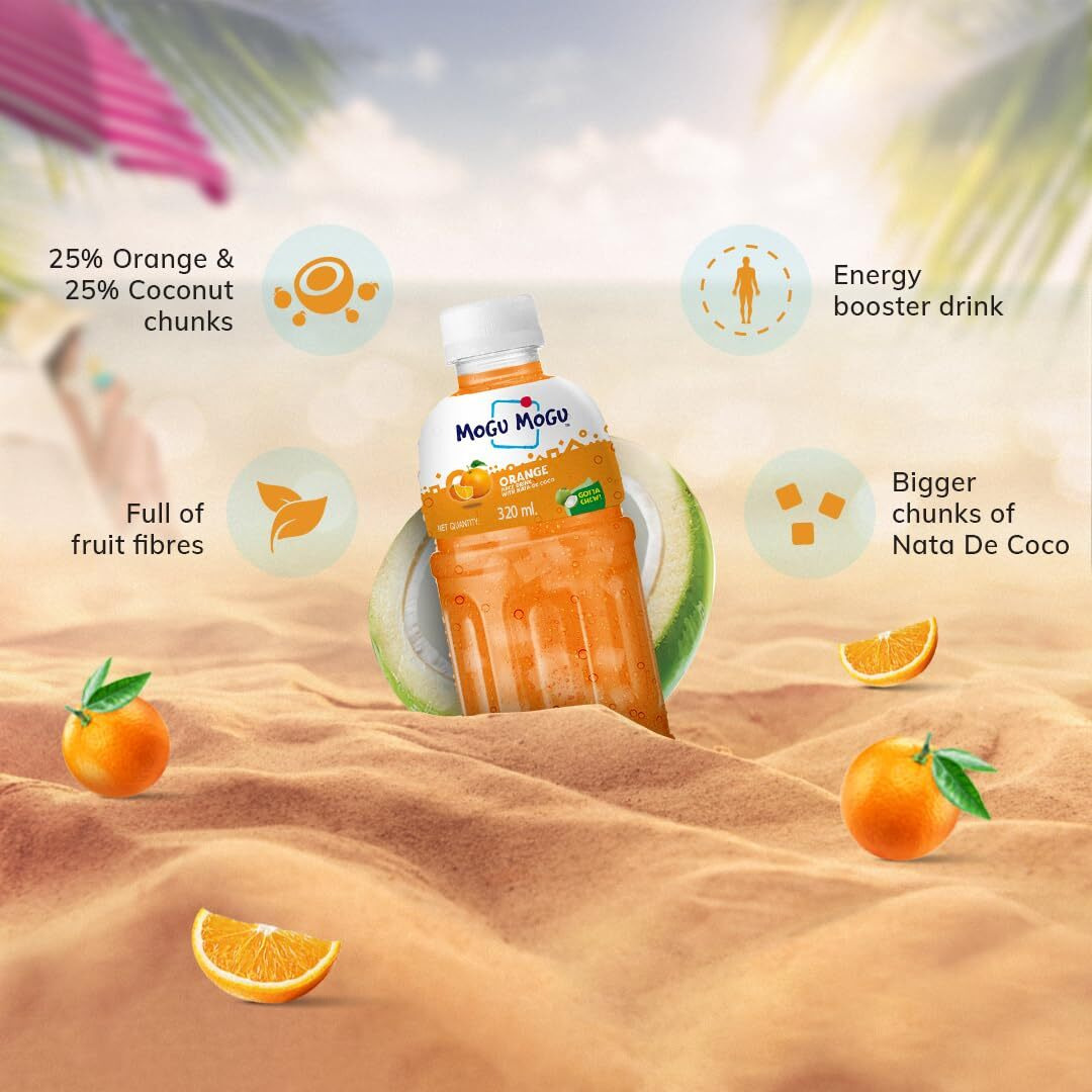 Mogu Mogu Orange Juice with 25% NATA De Coco | Energy Booster Drink | Full of Fruit Fibres | No Added Preservatives and Colours -320ml (Pack of 6)