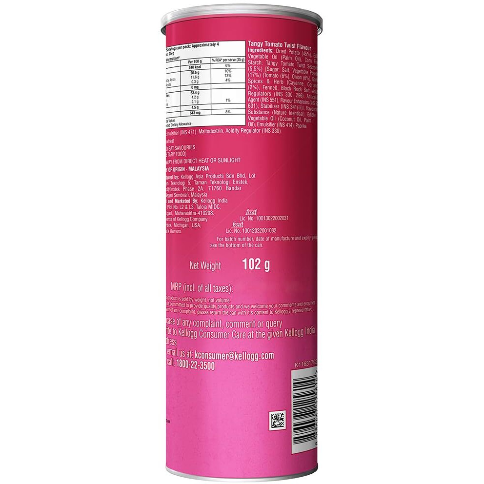 Pringles Tangy Tomato Twist 102 Gram | Potato Chips | Tangy Tomato With A Twist Of Sweet & Spicy Salsa Flavour | Crispy Snack | Crunchy Snack Food For Movies, Games & More | On-The-Go Can - Tomato
