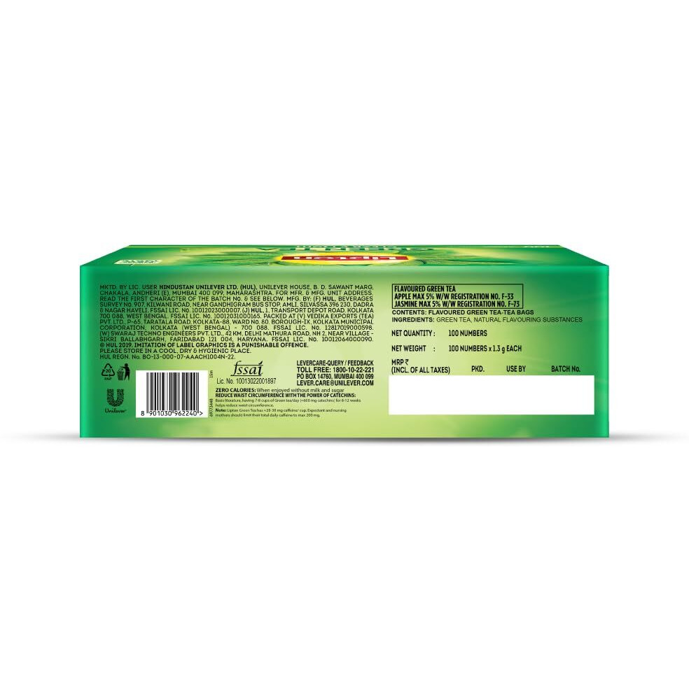 Lipton Pure & Light Green Tea Bags 100 pcs, All Natural Flavour, Zero Calories - Improves Metabolism & Reduces Waist