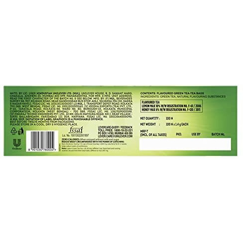 Lipton Honey Lemon Green Tea Bags 100 pcs, All Natural Flavour, Zero Calories - Improves Metabolism & Reduces Waist