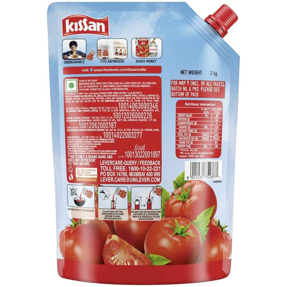 Kissan Fresh Tomato Ketchup 2 kg Pouch, Sweet & Tangy Sauce Real Tomatoes - Super Saver Offer Pack