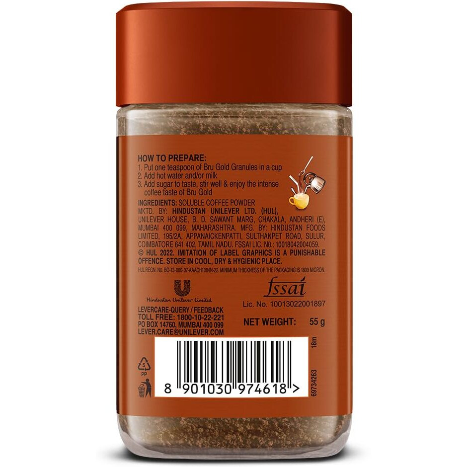 Bru Gold Freeze Dried 55G, Powder, Glass Bottle, Coffee