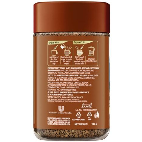 Bru Gold Vanilla 100gram | Premium Freeze Dried Coffee | Aromatic Flavoured Instant Coffee | Makes 80 cups |Powder|Jar