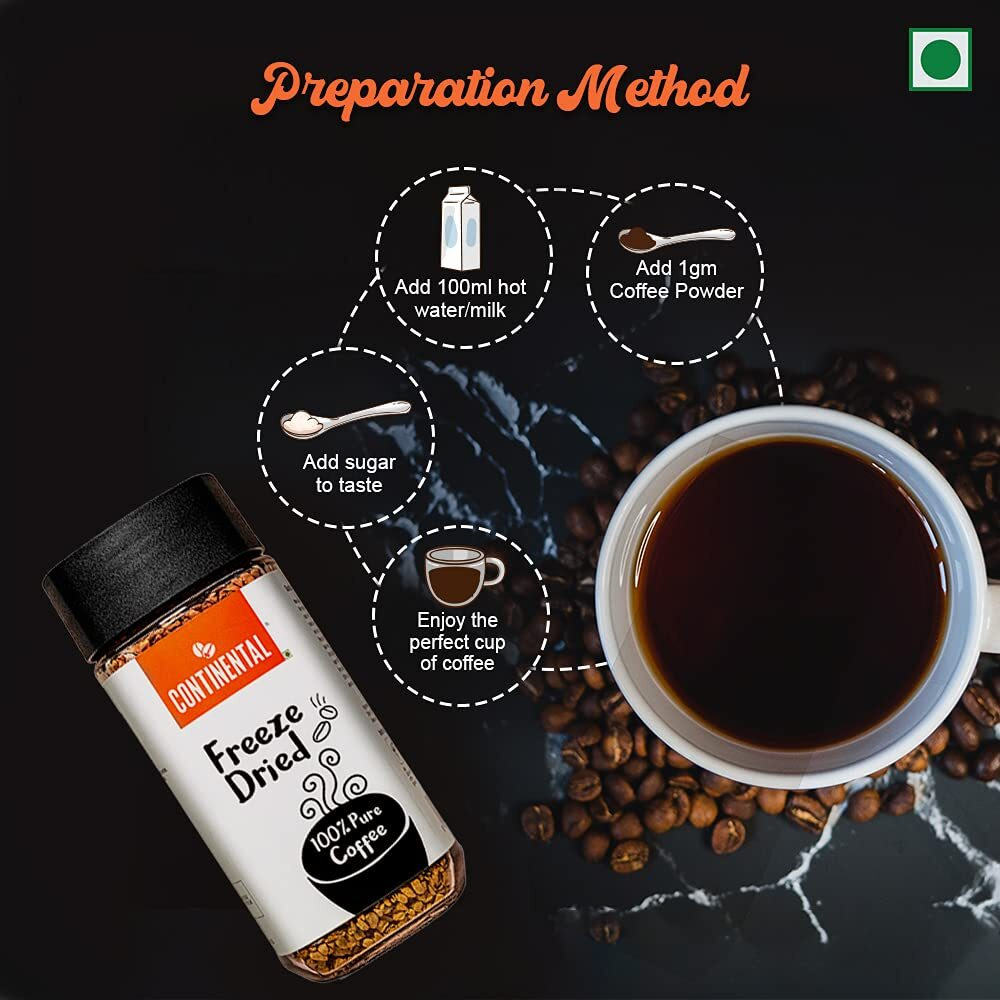 Continental Freeze Dried Pure Instant Coffee Powder, 100g Jar | 100% Arabica Coffee | Black Coffee | Cold Coffee