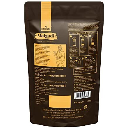 Continental Malgudi Filter Coffee 500gm Pouch | (80% Coffee - 20% Chicory) | Traditional South Indian Filter Coffee Powder | Freshly Roasted Ground Coffee