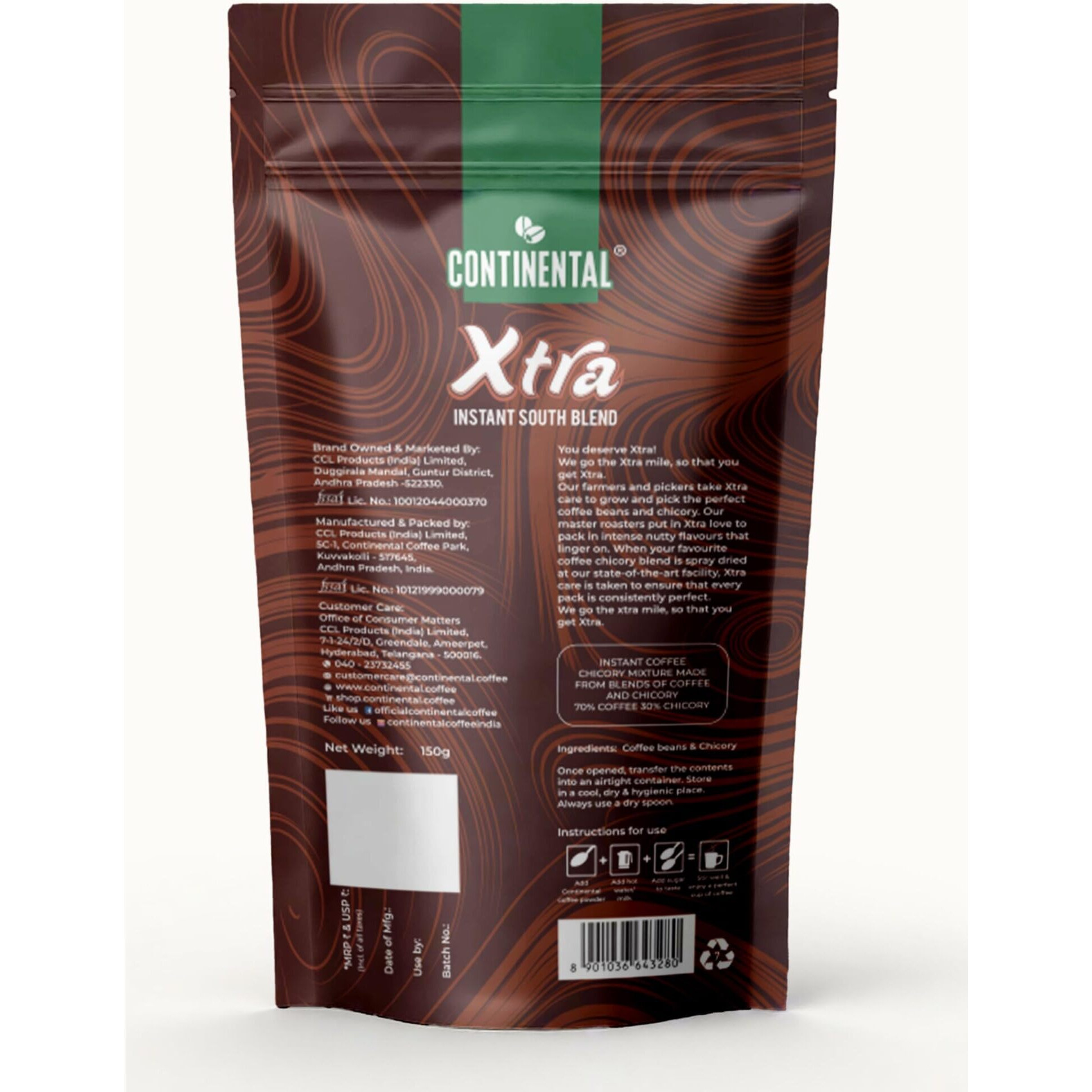 CONTINENTAL XTRA Coffee Powder 150gm Pouch | Strongest Instant Coffee | Instant South Blend