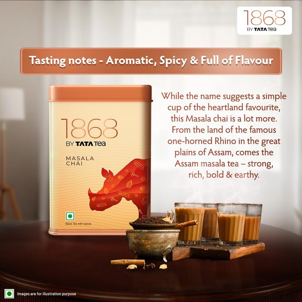 1868 by Tata Tea Masala Chai | Assam Masala Black Tea | An Aromatic, Spicy & Full of Flavour Premium Black Tea | 100g