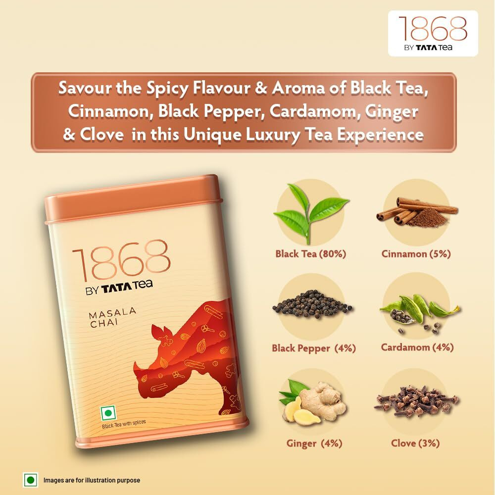 1868 by Tata Tea Masala Chai | Assam Masala Black Tea | An Aromatic, Spicy & Full of Flavour Premium Black Tea | 100g