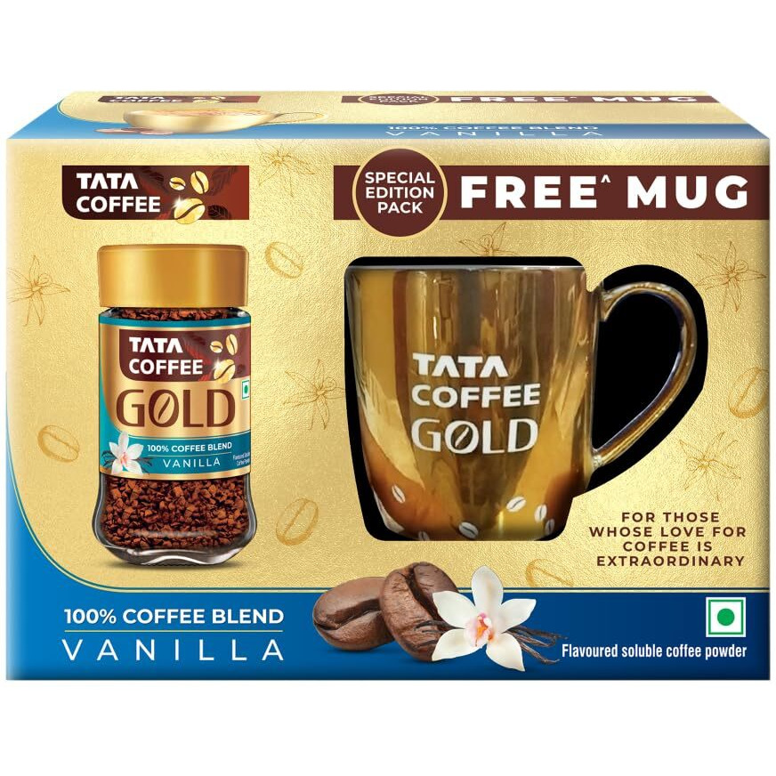 Tata Coffee Gold, Vanilla Flavored Coffee, Special Edition Pack with Free Golden Mug, 50g Jar, Instant Coffee Powder, Freeze Dried Coffee, Full bodied Taste & Rich Aroma