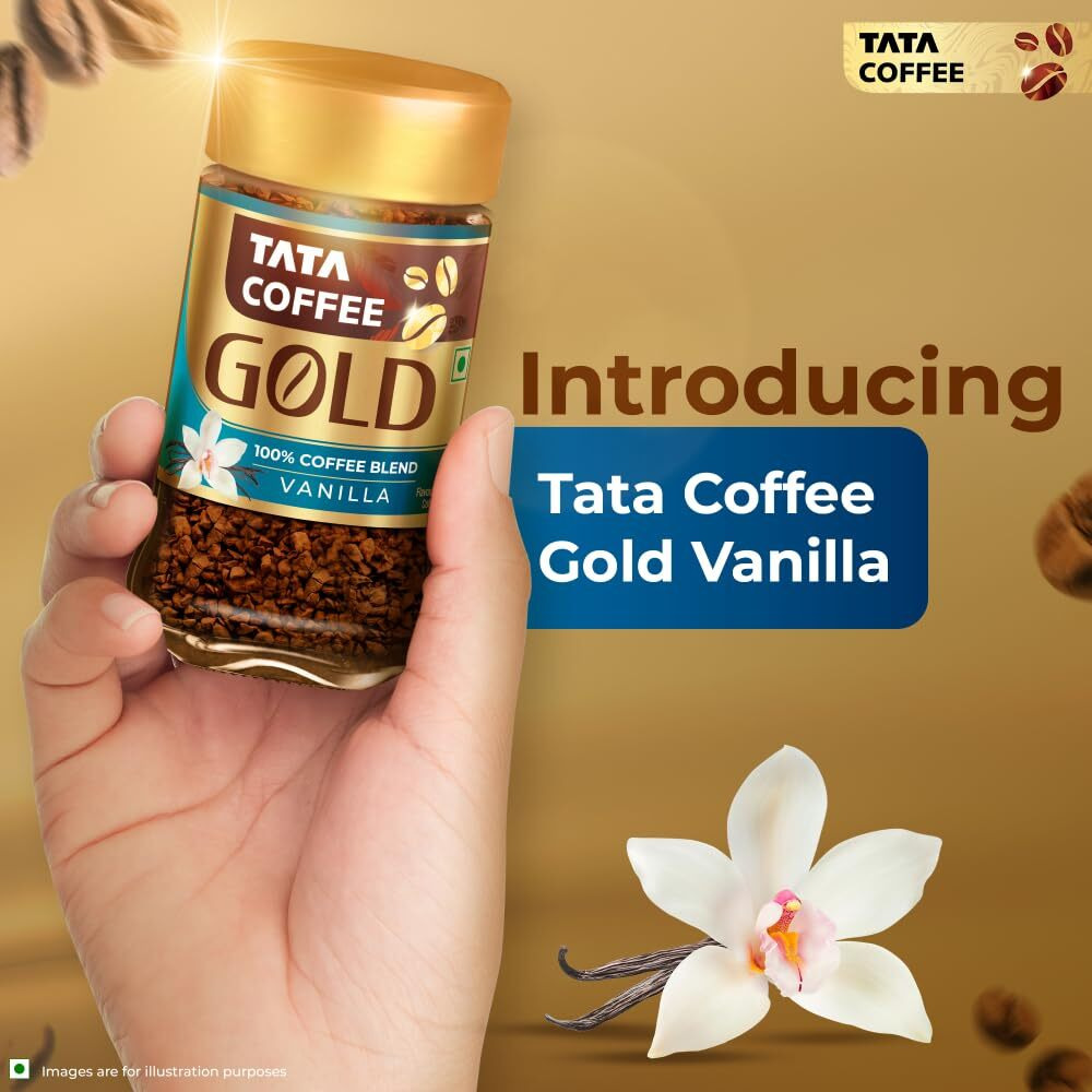 Tata Coffee Gold, Vanilla Flavored Coffee, Special Edition Pack with Free Golden Mug, 50g Jar, Instant Coffee Powder, Freeze Dried Coffee, Full bodied Taste & Rich Aroma