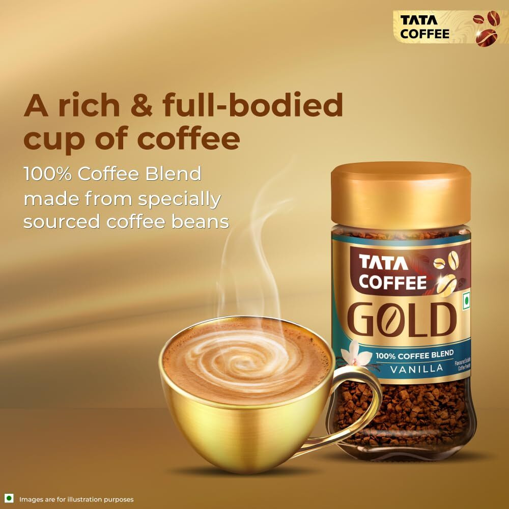 Tata Coffee Gold, Vanilla Flavored Coffee, Special Edition Pack with Free Golden Mug, 50g Jar, Instant Coffee Powder, Freeze Dried Coffee, Full bodied Taste & Rich Aroma
