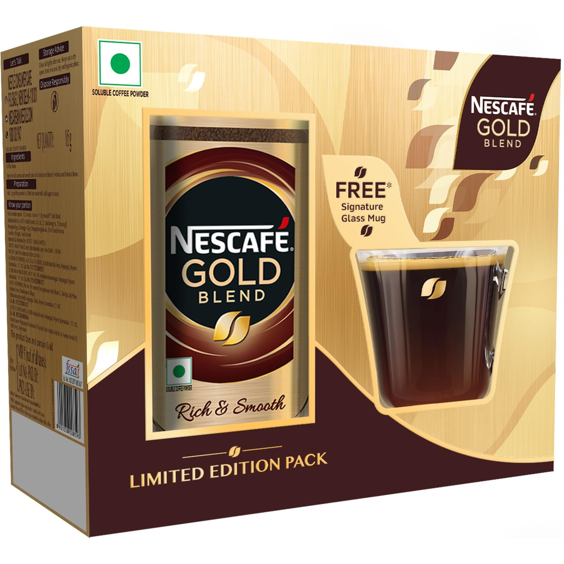 NESCAFE Gold Instant Coffee Powder | Coffee at its best | Freeze Dried | Premium Imported Coffee | Rich & Smooth Taste | Free Signature Glass Coffee Mug | 185g Jar