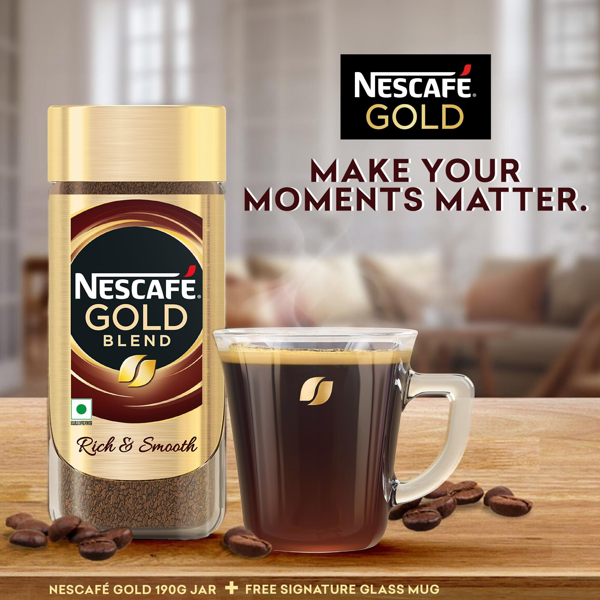 NESCAFE Gold Instant Coffee Powder | Coffee at its best | Freeze Dried | Premium Imported Coffee | Rich & Smooth Taste | Free Signature Glass Coffee Mug | 185g Jar