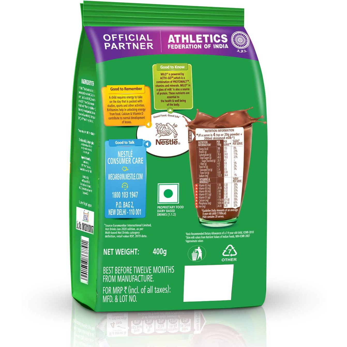 MILO Nestle Activ-Go Powder Health Drink- (Chocolate Flavour) Pouch, 400 G