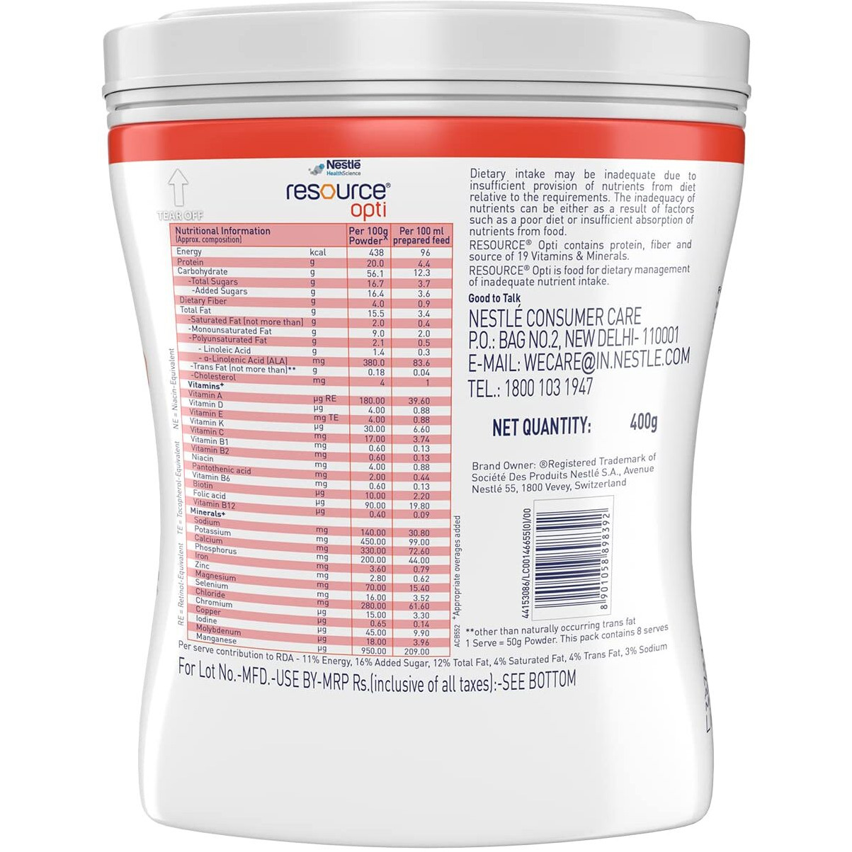 RESOURCE, Opti, Food For Dietary Management, Vanilla Flavour- 400g, Pet Jar