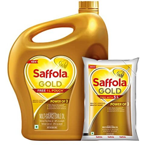 Saffola Gold Refined Oil|Blend of Rice Bran oil & Corn oil|Cooking oil|Pro Healthy Lifestyle Edible Oil 5L Jar + 1 L Pouch