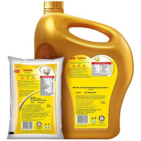 Saffola Gold Refined Oil|Blend of Rice Bran oil & Corn oil|Cooking oil|Pro Healthy Lifestyle Edible Oil 5L Jar + 1 L Pouch