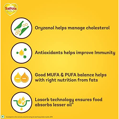 Saffola Gold Refined Oil|Blend of Rice Bran oil & Corn oil|Cooking oil|Pro Healthy Lifestyle Edible Oil 5L Jar + 1 L Pouch