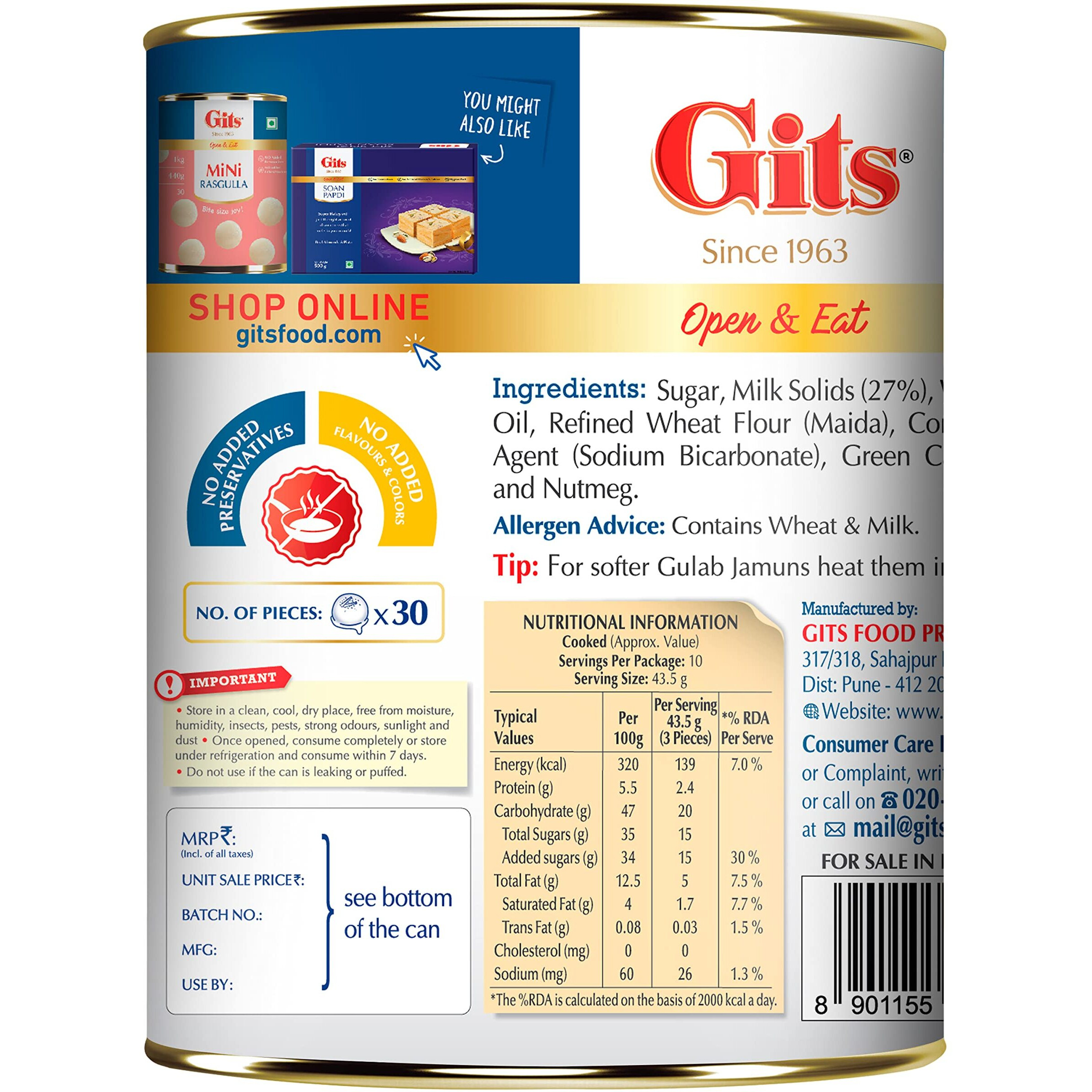 Gits Open & Eat Mini Gulab Jamun, 30 Pieces Per Can, Mouth-Watering Indian Mithai, 1Kg