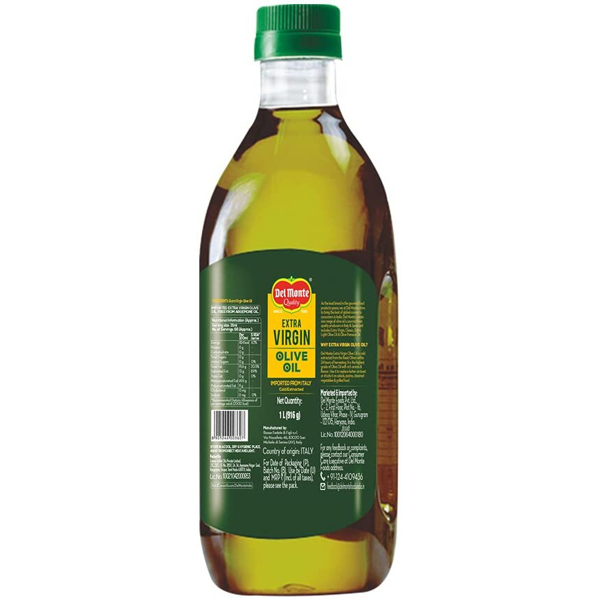 Del Monte Extra Virgin Olive Oil, Cold Extracted, Ideal for drizzling on salads & sauteed vegetables, 1L