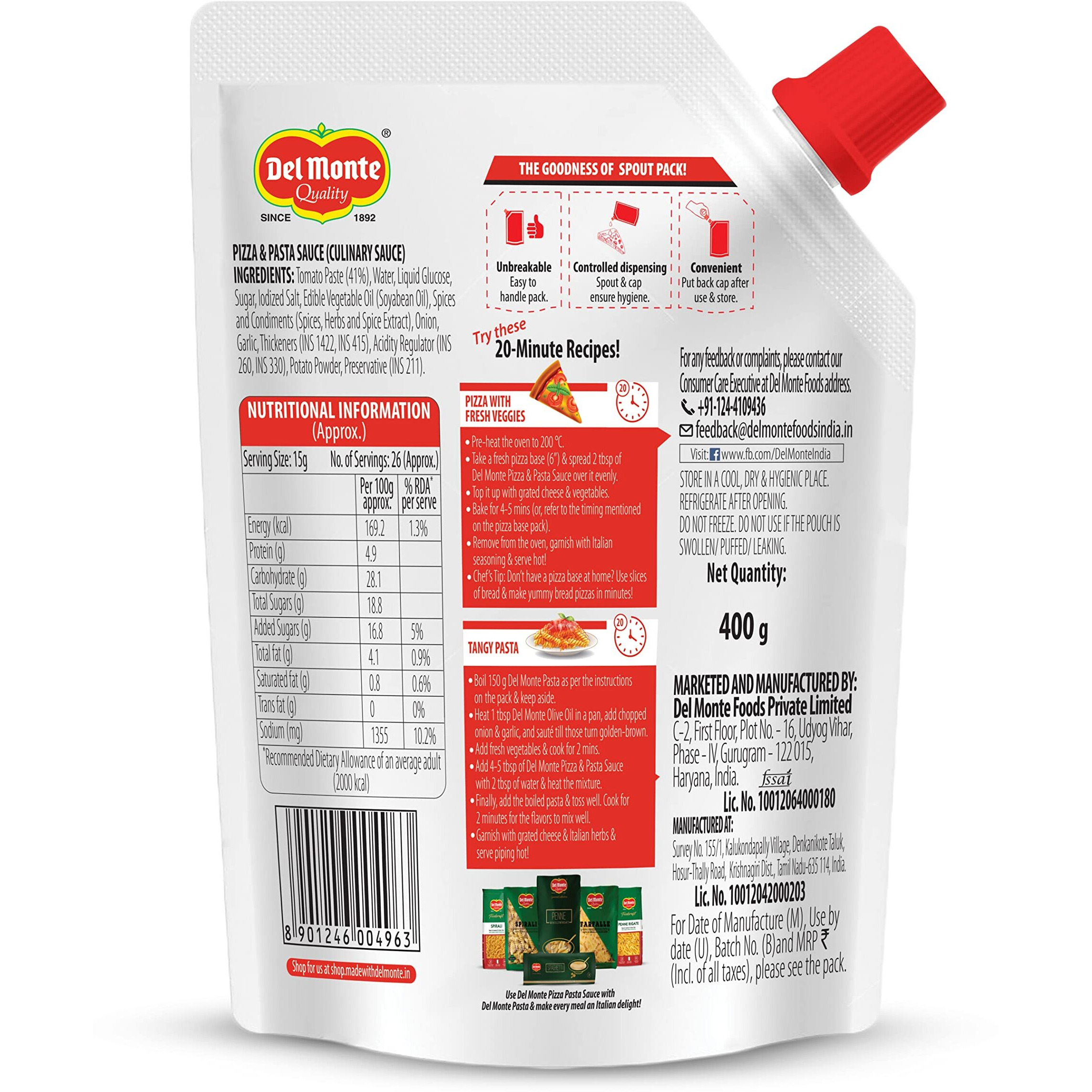Del Monte Pizza & Pasta Sauce Spout Pack, 400g